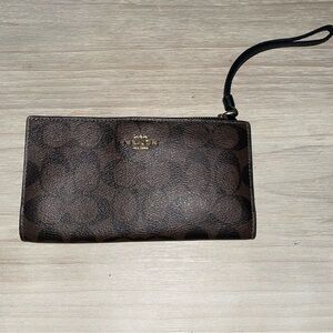 Coach Brown Monogram Wallet/wristlet, gold hardware black leather interior